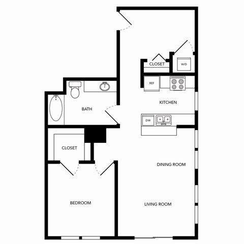 Floor plan for 1 bed, 1 bath, 806 sqft